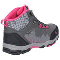 A gray hiking boot features pink accents and a dotted pattern on the upper part with waterproof labeling providing a sturdy design for outdoor activities in rugged terrain.