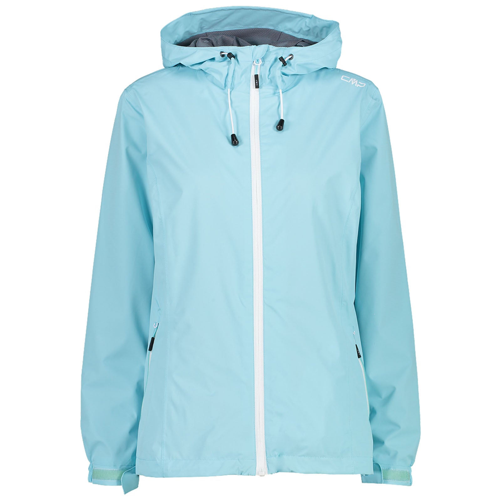 A light blue waterproof jacket stands upright displaying a front zipper and adjustable hood with drawstrings in a neutral background, suitable for outdoor activities in wet weather.