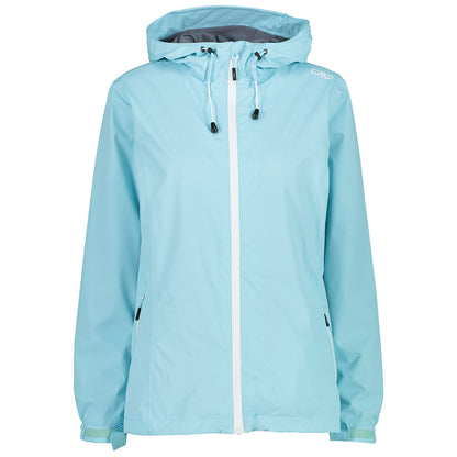 A light blue waterproof jacket stands upright displaying a front zipper and adjustable hood with drawstrings in a neutral background, suitable for outdoor activities in wet weather.