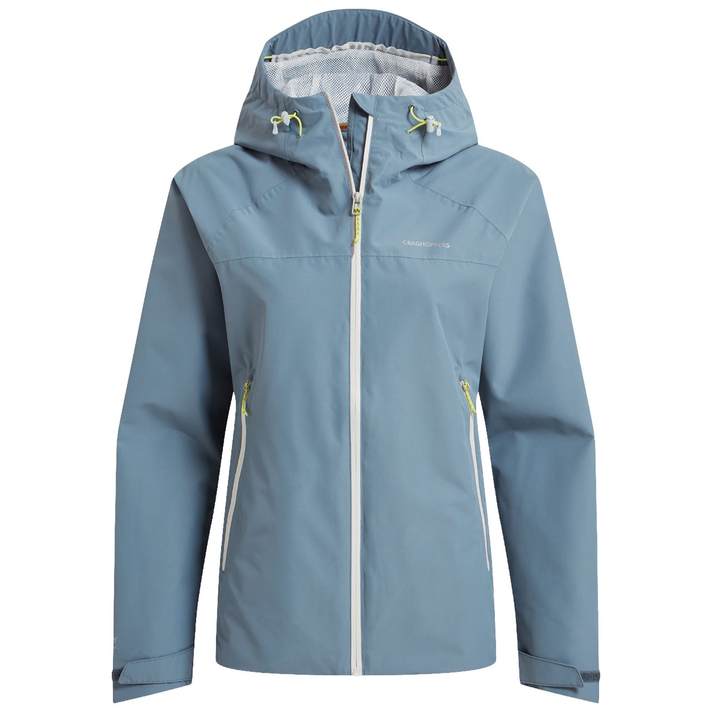 A light blue waterproof jacket with a hood is displayed front-facing featuring contrasting yellow zipper pulls and pockets in a plain white background designed for outdoor activities.