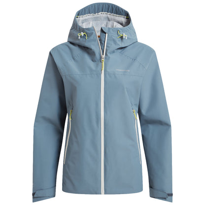 A light blue waterproof jacket with a hood is displayed front-facing featuring contrasting yellow zipper pulls and pockets in a plain white background designed for outdoor activities.