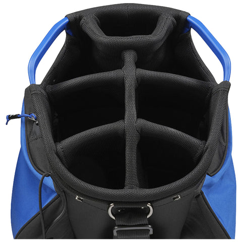 A blue and black bag features an open top with multiple dividers inside organizing space for equipment or items in a compact design suitable for sports or travel.