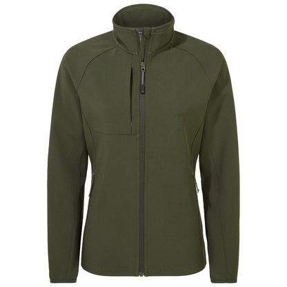 A green soft-shell jacket is displayed upright with a high collar and front zipper. It features side pockets and a chest pocket, suitable for outdoor activities in cooler weather.