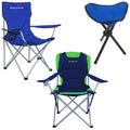 Three camping chairs are displayed a blue folding chair with armrests a two-tone green and blue folding chair and a compact three-legged stool all designed for outdoor use.