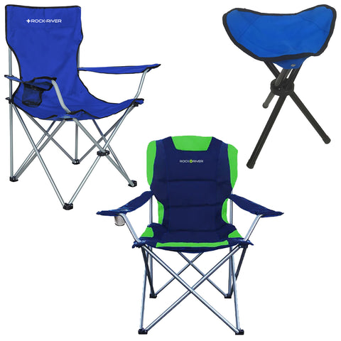 Three camping chairs are displayed a blue folding chair with armrests a two-tone green and blue folding chair and a compact three-legged stool all designed for outdoor use.