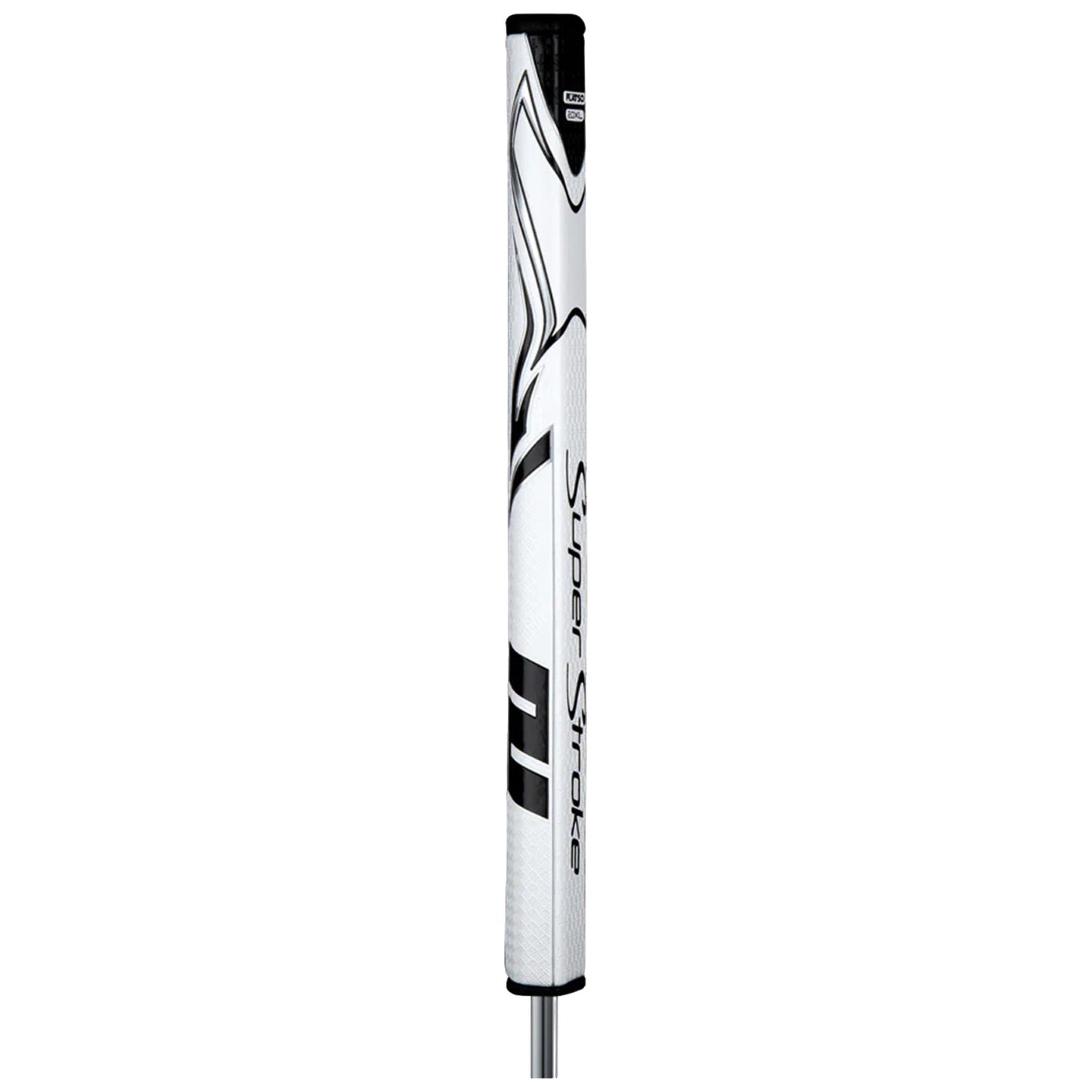 A golf putter grip designed for enhanced handling positioned upright against a plain background showcasing a sleek white design with black lettering and patterns indicating brand and model.