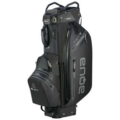 A black golf bag stands upright featuring multiple zippered pockets and a top compartment for clubs showcasing a sleek design ideal for storage and organization on the golf course.