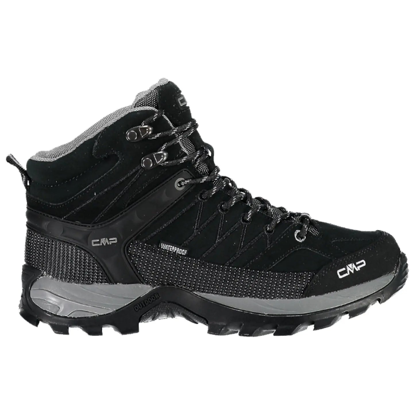 A black waterproof hiking boot features a high ankle design a textured surface and reinforced lacing achieving a durable and supportive appearance suitable for outdoor use.