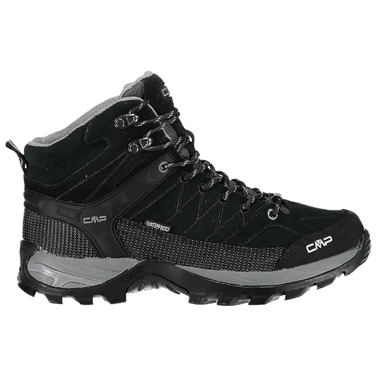 A black waterproof hiking boot features a high ankle design a textured surface and reinforced lacing achieving a durable and supportive appearance suitable for outdoor use.