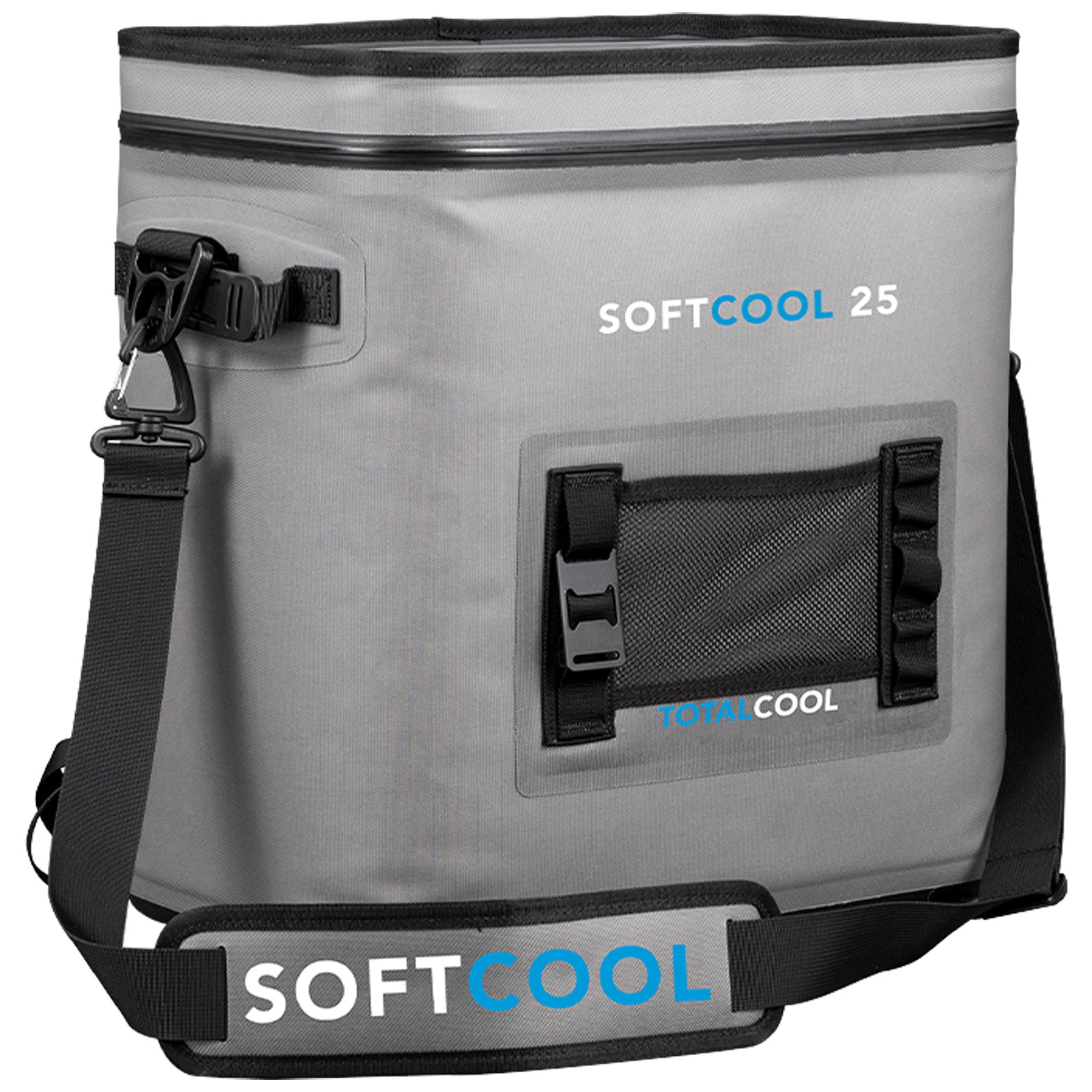 A gray soft cooler bag features a zippered top and a removable shoulder strap, designed for carrying items in an outdoor setting. It has a mesh pocket on the side.