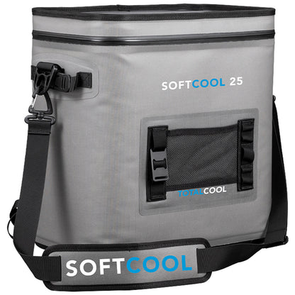 A gray soft cooler bag features a zippered top and a removable shoulder strap, designed for carrying items in an outdoor setting. It has a mesh pocket on the side.