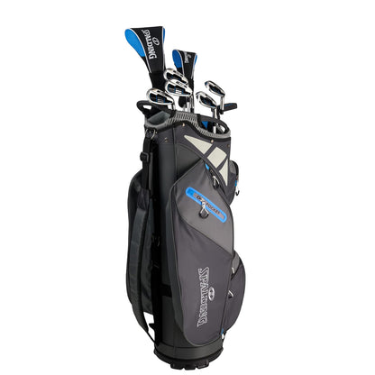A golf bag stands upright with multiple golf clubs peeking out from the top pockets designed for carrying various golfing equipment in a neutral background