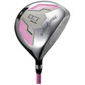 A golf club is displayed with a shiny metallic head and a pink shaft The head features a sleek design with geometric shapes and branding emphasizing its performance characteristics