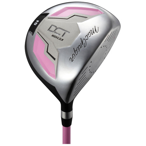 A golf club is displayed with a shiny metallic head and a pink shaft The head features a sleek design with geometric shapes and branding emphasizing its performance characteristics