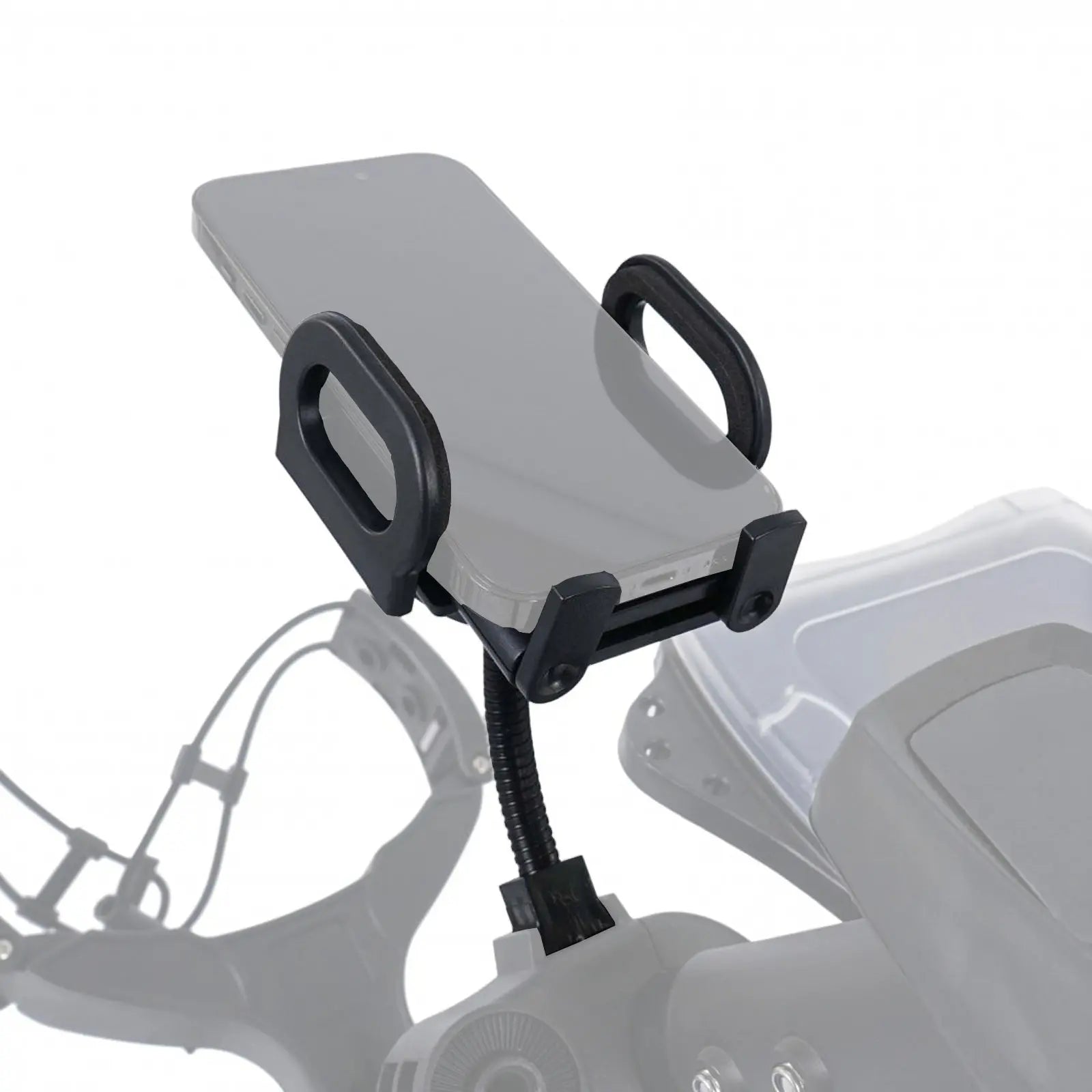 A smartphone holder is mounted securely on a flexible arm attached to a motorcycle's dashboard allowing easy access to the phone while riding