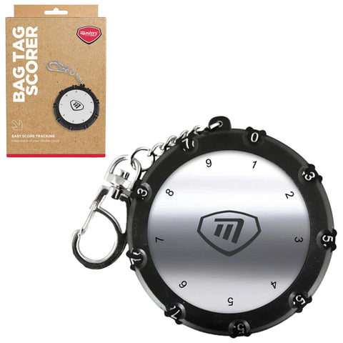 A circular measuring tool with a white face displaying numbers from 0 to 9 and the word Masters is attached to a metal clip for easy carrying and use.