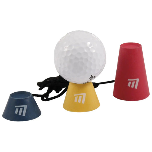 A white golf ball rests atop a yellow cone surrounded by red and blue cones while attached to a black string creating a training tool context for improving golf skills.