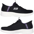 Black athletic shoes with a breathable mesh upper feature purple accents on the heel and laces showcasing a sleek design suitable for casual wear and light exercise.