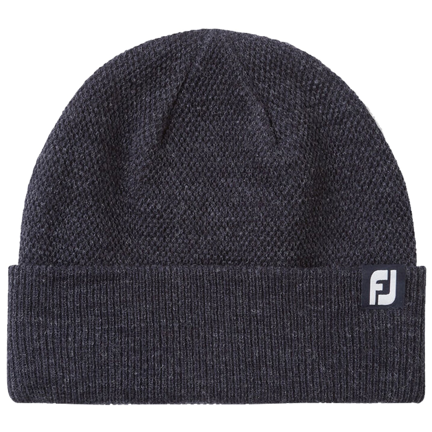 A dark gray knit beanie sits flat showing its textured fabric and folded cuff featuring a small logo tag indicating the brand. The setting is neutral and unobtrusive.