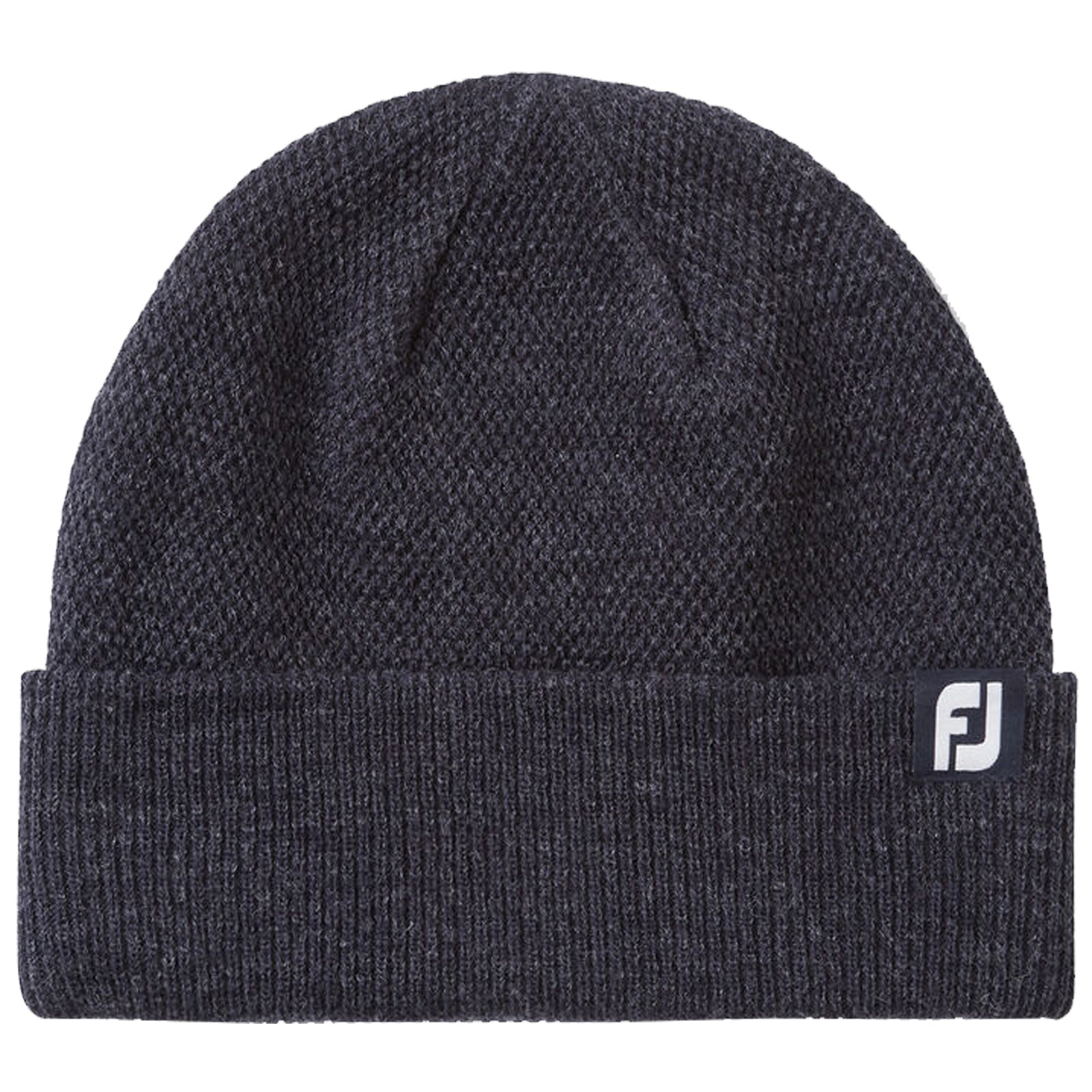A dark gray knit beanie sits flat showing its textured fabric and folded cuff featuring a small logo tag indicating the brand. The setting is neutral and unobtrusive.