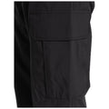 A pair of black pants is displayed showing a large cargo pocket on the side emphasizing practicality and storage for carrying items in casual or work environments.