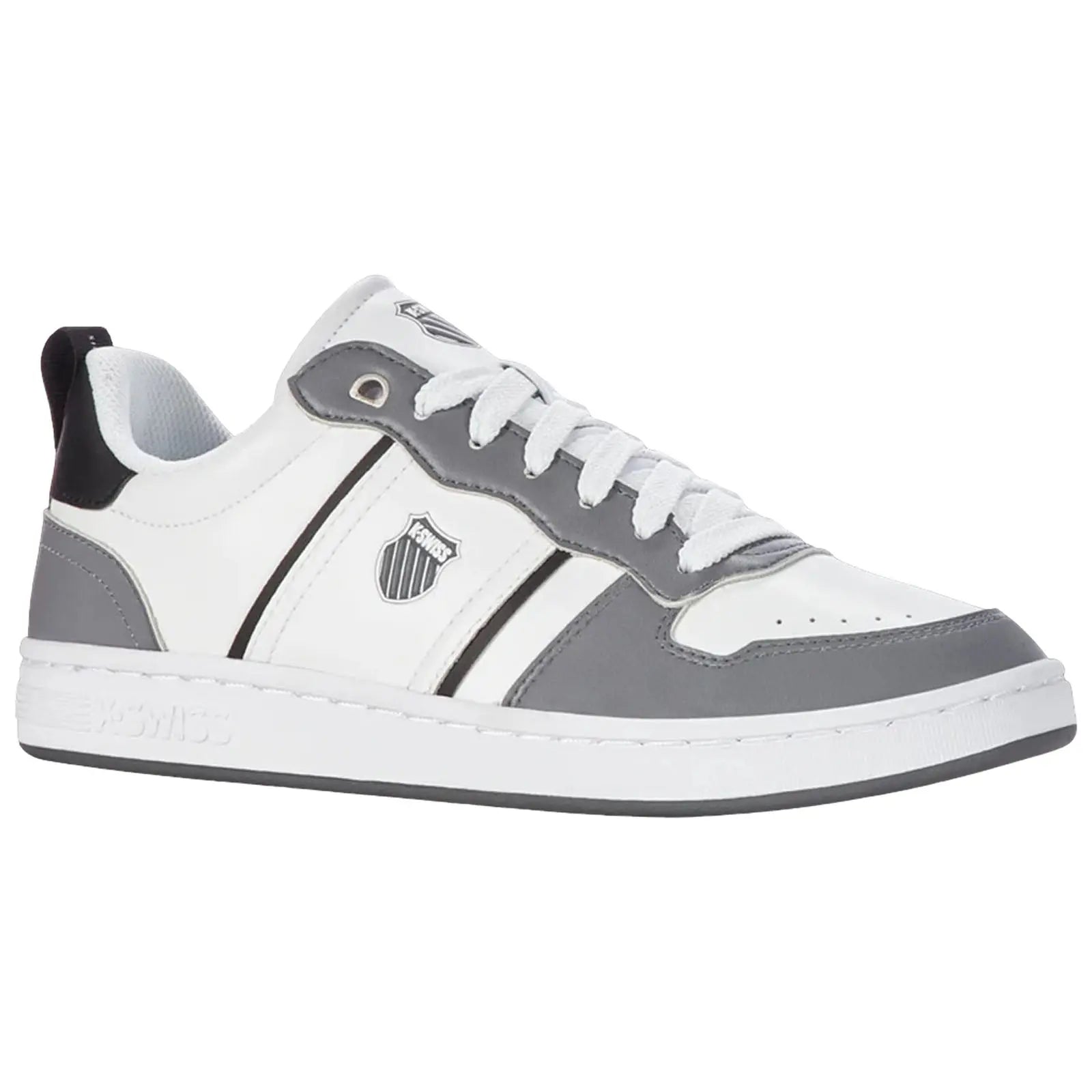 A sneaker with a predominantly white base features grey accents and black detailing. It displays three stripes along the sides and a logo on the upper.