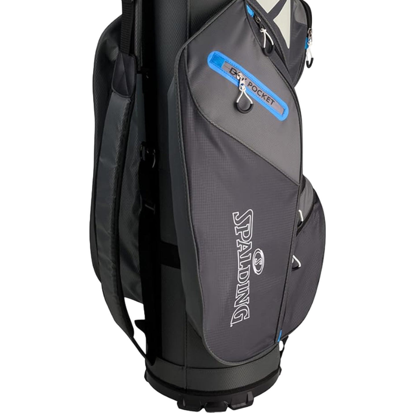 A black golf bag stands upright with various compartments visible. It features blue accents and a prominent logo. The bag is designed for storing and transporting golf equipment.