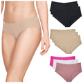 A woman is wearing beige underwear while reaching for her side. Several packs of underwear in black beige pink and white are displayed nearby.