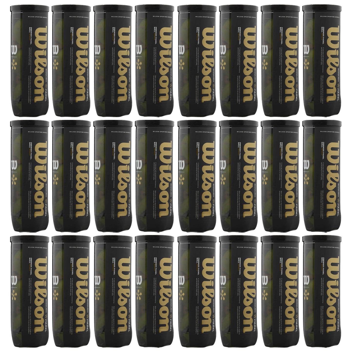 Twenty-four cylindrical containers are arranged in rows. Each container is labeled with the word "Wilson" in gold letters, suggesting they contain tennis balls, set against a plain white background.