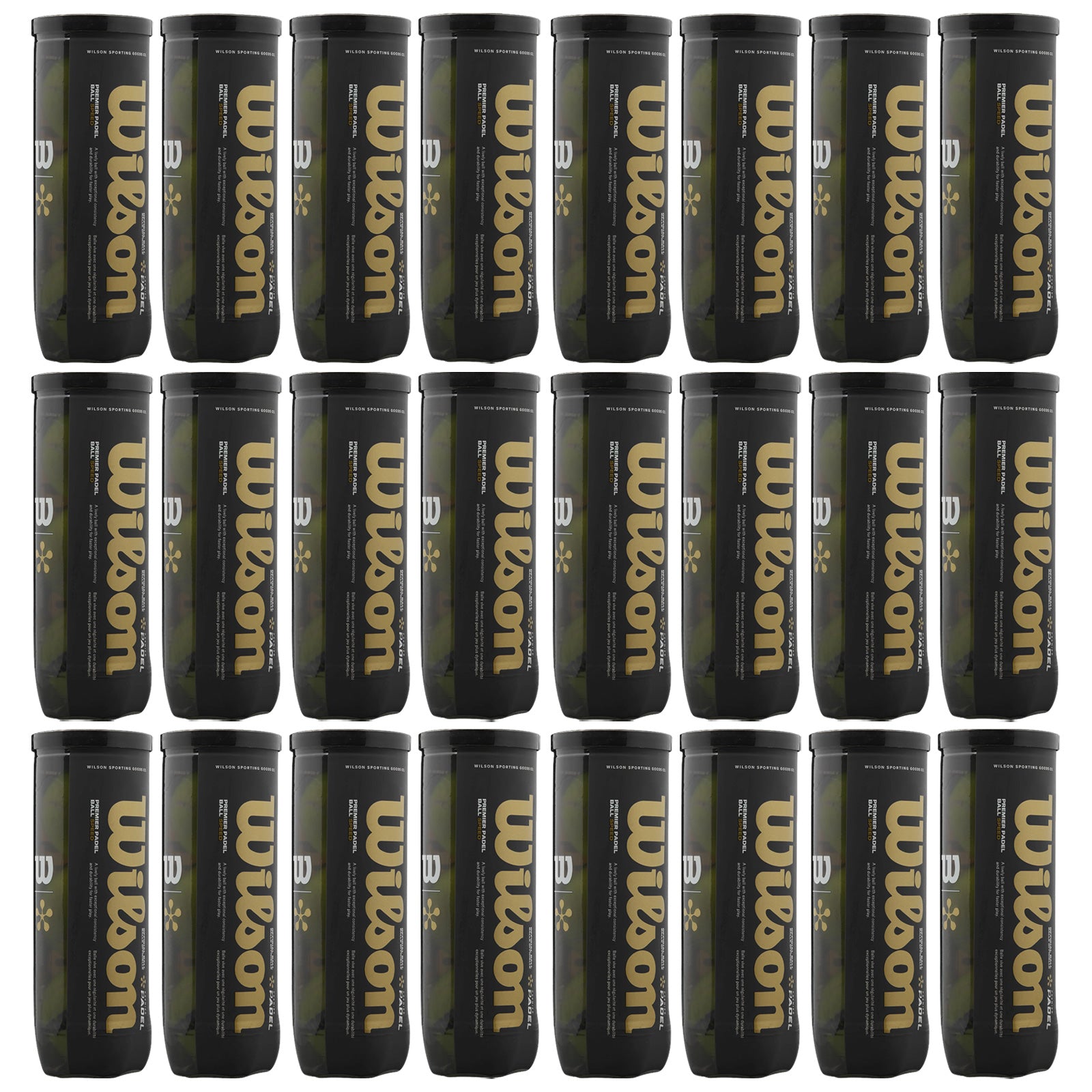 Twenty-four cylindrical containers are arranged in rows. Each container is labeled with the word "Wilson" in gold letters, suggesting they contain tennis balls, set against a plain white background.