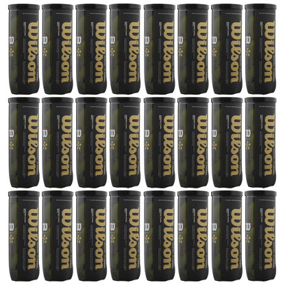 Twenty-four cylindrical containers are arranged in rows. Each container is labeled with the word "Wilson" in gold letters, suggesting they contain tennis balls, set against a plain white background.