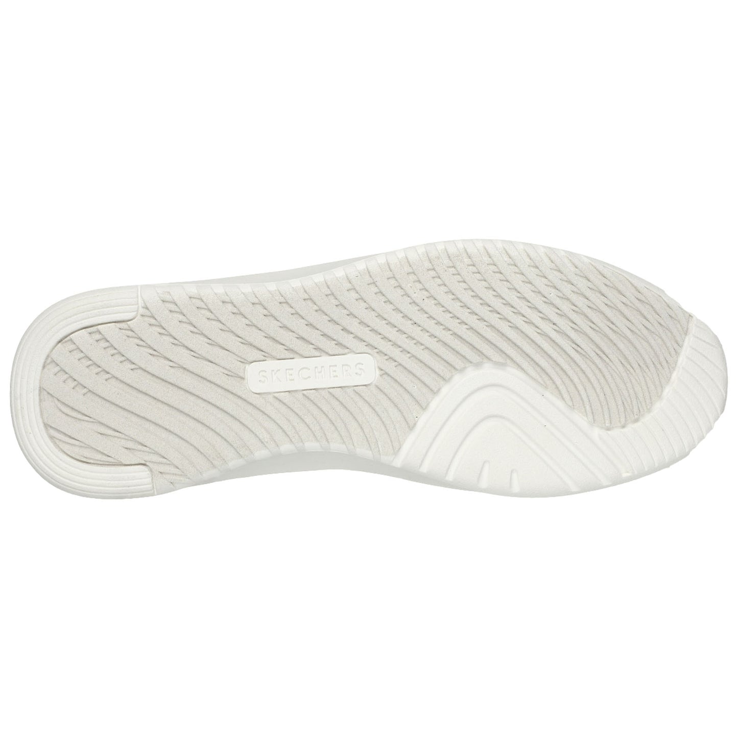 A white sole of a shoe is displayed showing a textured surface and the brand name Skechers embossed on it suggesting it's designed for comfort and traction in a casual setting