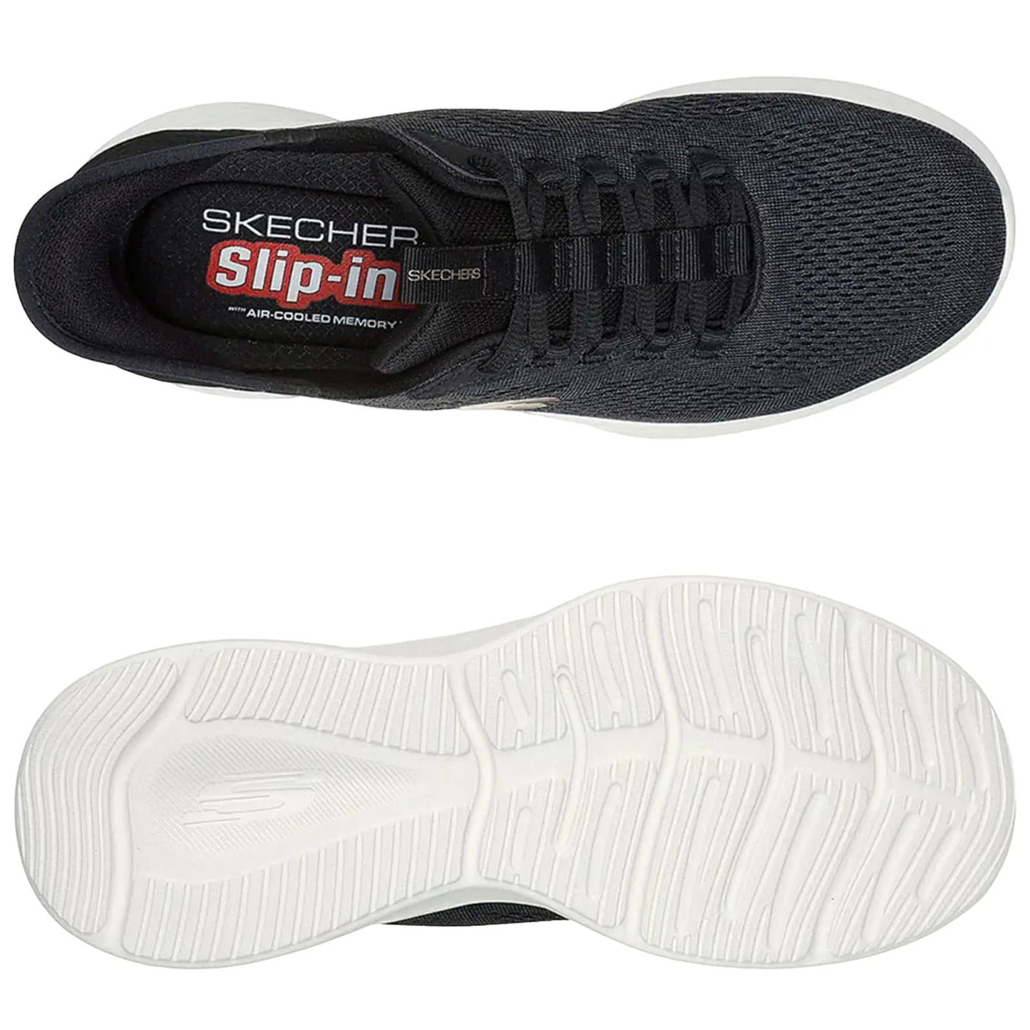 A black athletic shoe with a mesh upper and a white sole is displayed from above highlighting its lacing and padded collar with the brand name Skechers and model Slip-in visible inside.