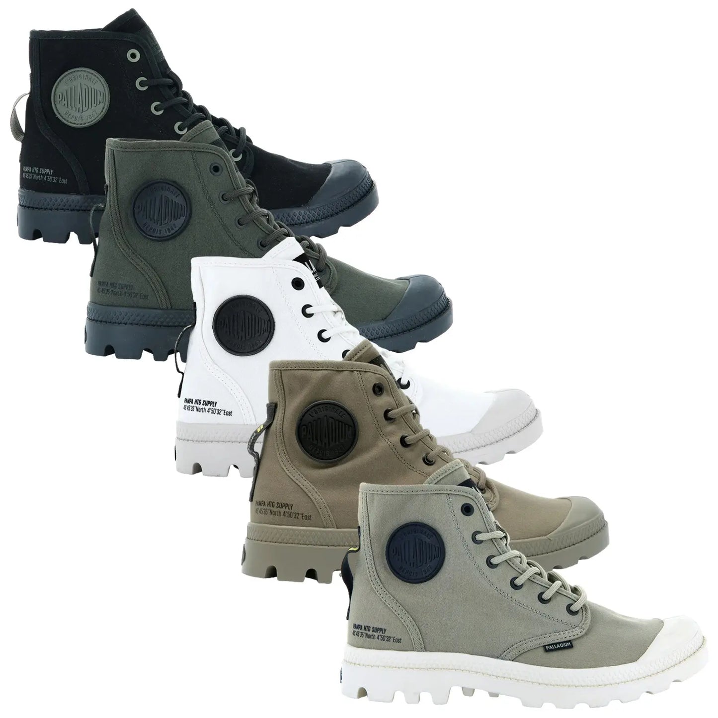 Five pairs of high-top canvas boots in various colors display a range of styles from black to white to olive green arranged in a row against a plain background.