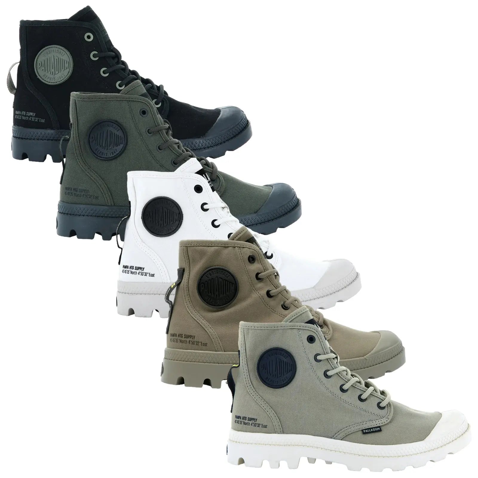 Five pairs of high-top canvas boots in various colors display a range of styles from black to white to olive green arranged in a row against a plain background.