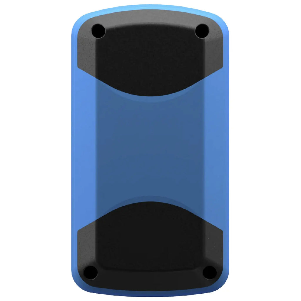 A rectangular object predominantly blue with black ends is designed for durability. It is likely a device or enclosure set against a plain white background, emphasizing its shape and color.