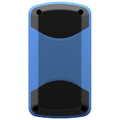 A rectangular object predominantly blue with black ends is designed for durability. It is likely a device or enclosure set against a plain white background, emphasizing its shape and color.