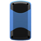 A rectangular object predominantly blue with black ends is designed for durability. It is likely a device or enclosure set against a plain white background, emphasizing its shape and color.