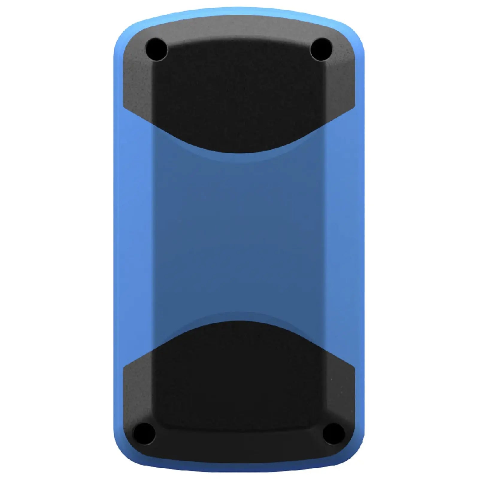A rectangular object predominantly blue with black ends is designed for durability. It is likely a device or enclosure set against a plain white background, emphasizing its shape and color.