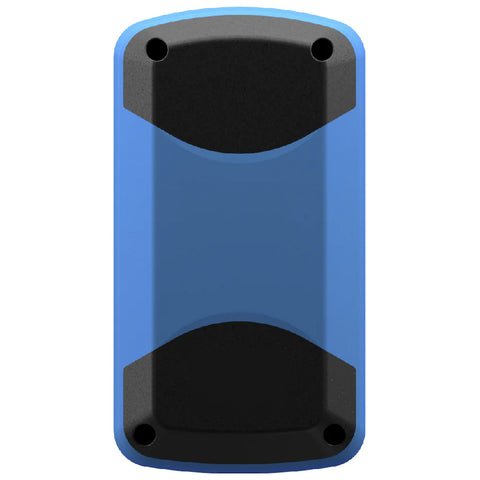 A rectangular object predominantly blue with black ends is designed for durability. It is likely a device or enclosure set against a plain white background, emphasizing its shape and color.