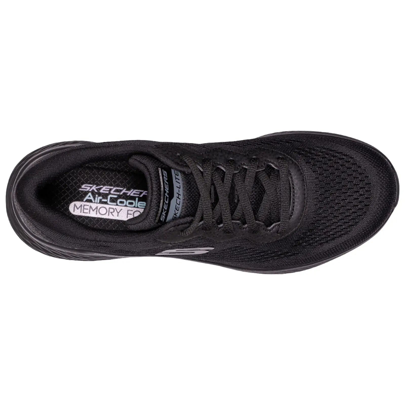 A black athletic shoe sits on a flat surface showcasing a ventilated mesh upper and a cushioned sole with laces threaded through eyelets for secure fitting