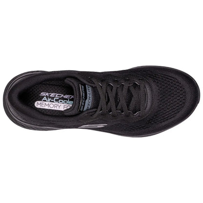 A black athletic shoe sits on a flat surface showcasing a ventilated mesh upper and a cushioned sole with laces threaded through eyelets for secure fitting