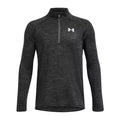 A black long-sleeve athletic shirt is displayed with a quarter-zip neckline and a logo on the upper left. It appears to be designed for active wear or exercise.