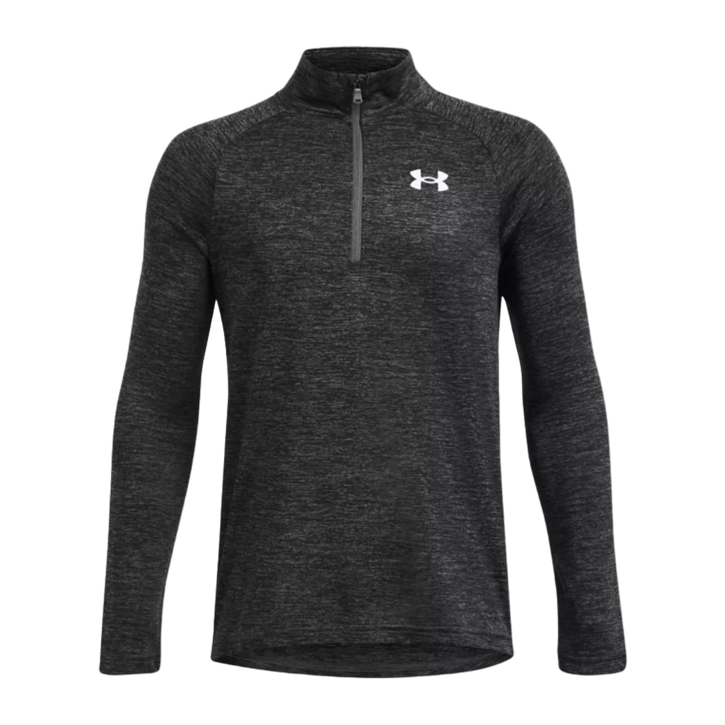 A black long-sleeve athletic shirt is displayed with a quarter-zip neckline and a logo on the upper left. It appears to be designed for active wear or exercise.