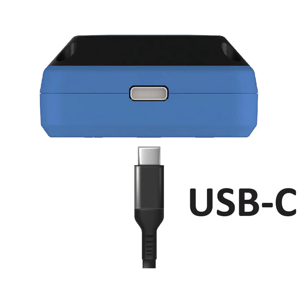 A blue charging case with a central button is connected to a black USB-C cable indicating a charging or data transfer process in a simple digital context. USB-C is labeled beside the cable.