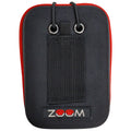 A black and red fabric case features a textured surface with a loop for attachment and a logo that reads ZOOM at the bottom, suitable for holding electronic devices or accessories.