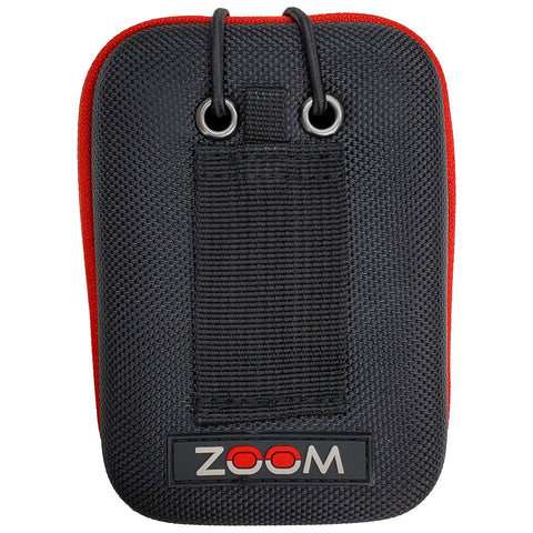 A black and red fabric case features a textured surface with a loop for attachment and a logo that reads ZOOM at the bottom, suitable for holding electronic devices or accessories.