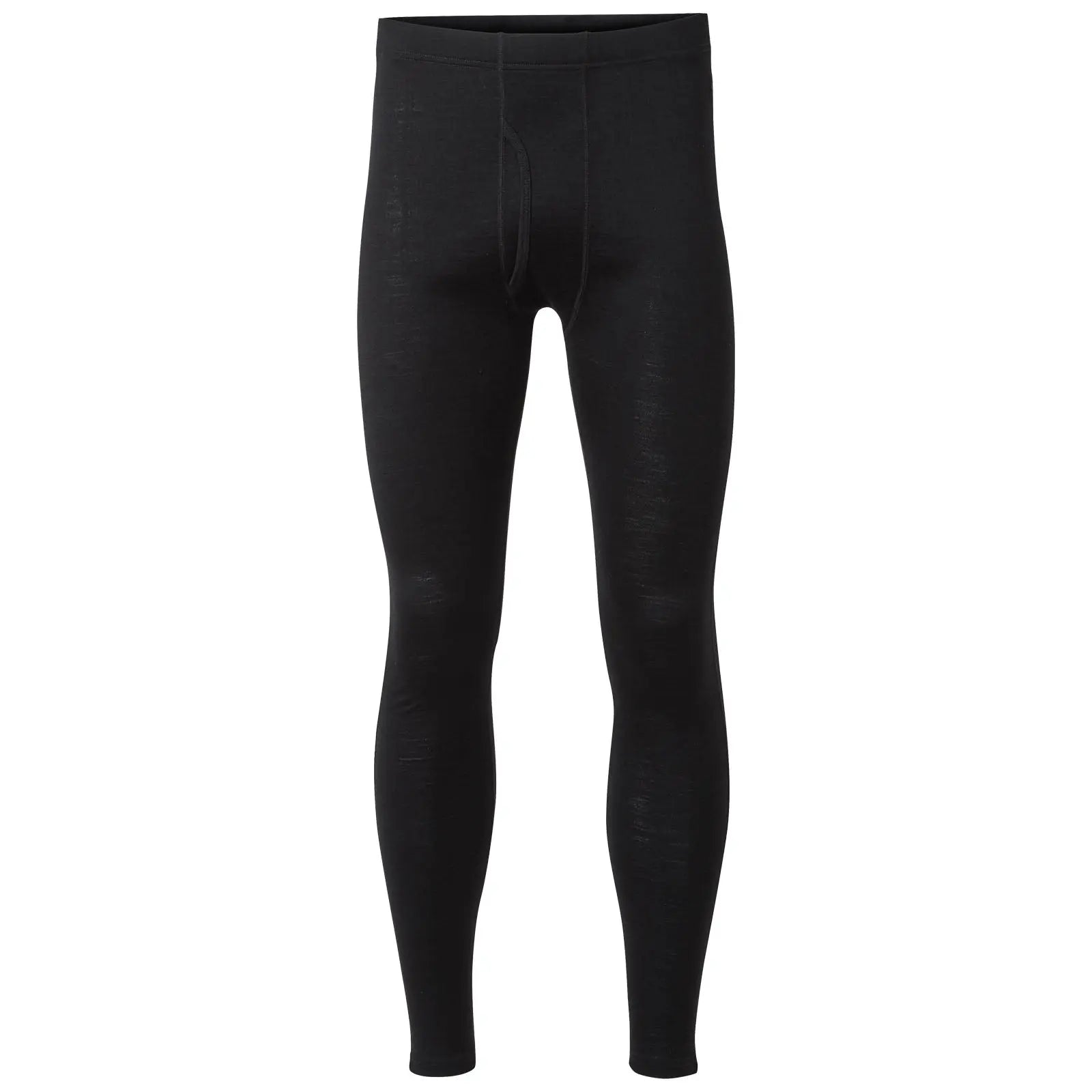 Black leggings are displayed standing upright showcasing a snug fit throughout the legs designed for comfort and warmth often worn as base layers during physical activities or cold weather.