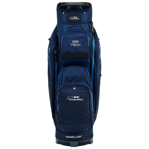 A navy golf bag stands upright displaying multiple zipped compartments and a sturdy base designed for stability on the course featuring branding elements including DRI TECH and MAG-LOK.