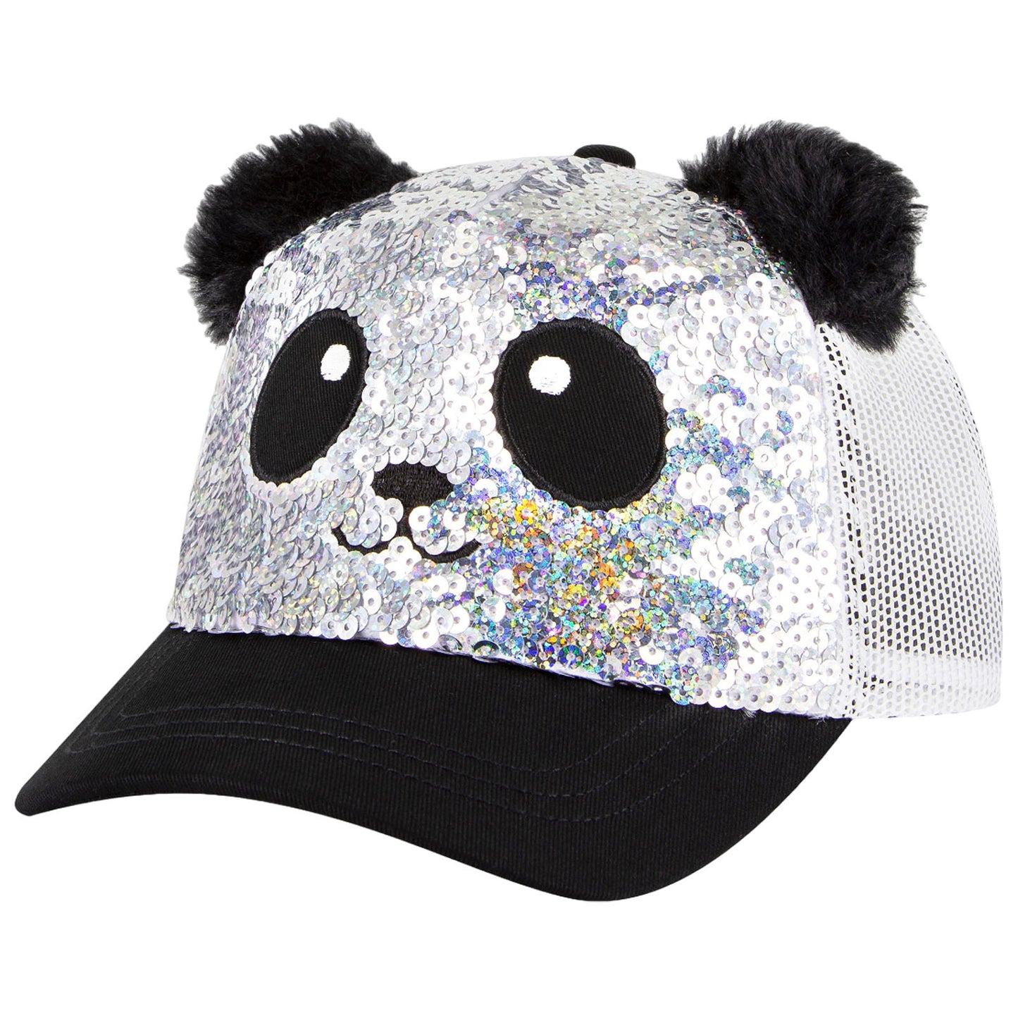 Skechers Junior Sequin Panda Cap ZKCH3323 A sequined panda hat features a glossy silver front with a panda face design complete with large eyes and black ears and a black visor with a mesh back.